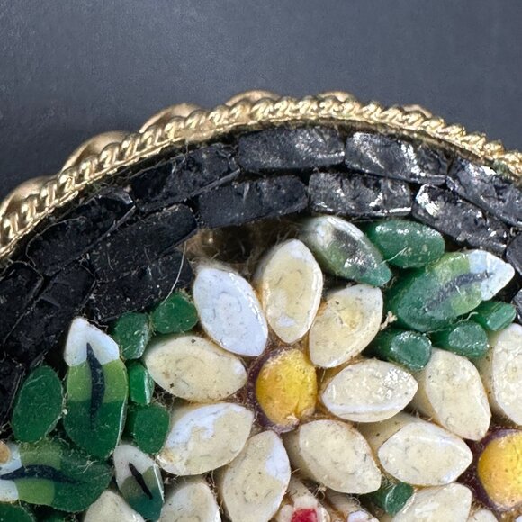 Vintage Italian Micro Mosaic Brooch Pin Daisy Flowers Gold Tone White Black - Picture 6 of 8